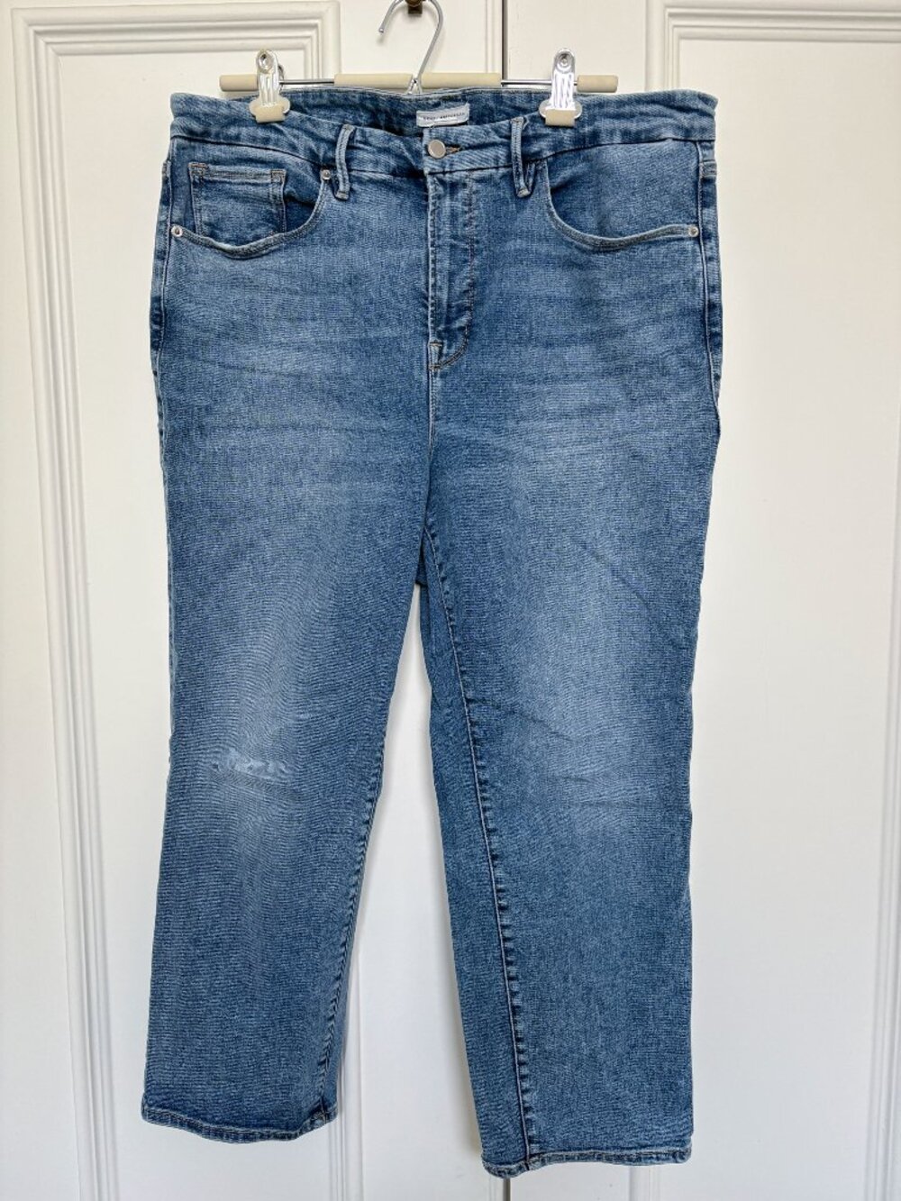 Good American Good Petite Straight Jeans Womens Blue Medium Wash Stretch Sz 20